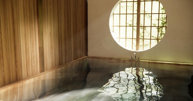 Foto banheiro de madeira do japão estilo onsen moderno e minimalista