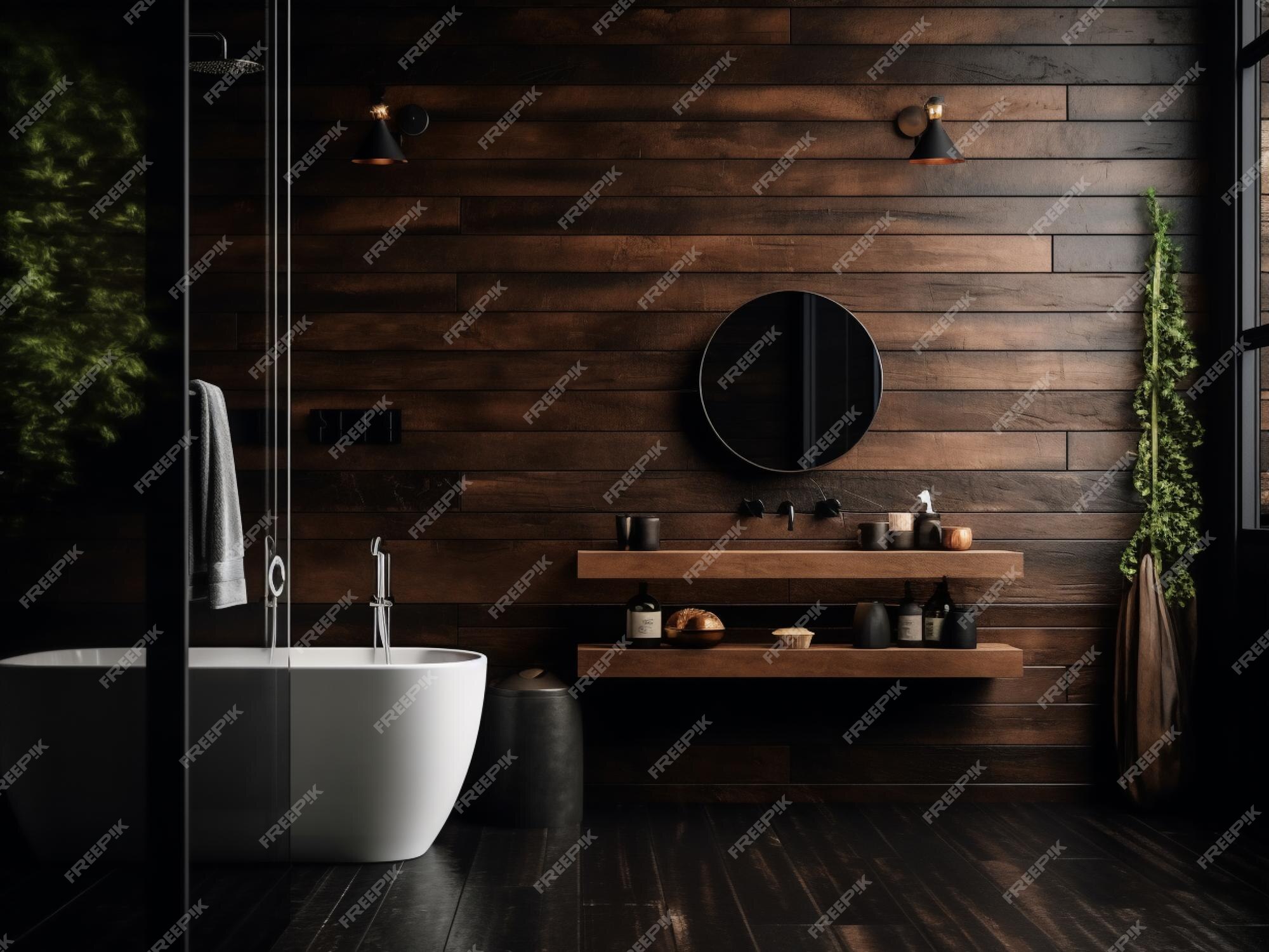 Banheiro em madeira e tons escuros  Bathroom interior design, Bathroom  interior, House design