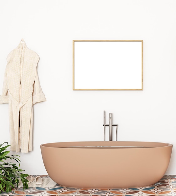 Banheiro de moldura de maquete em estilo boho, renderização em 3d