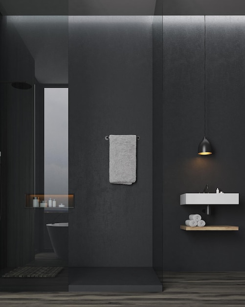 Banheiro e banheiro interior com paredes pretas