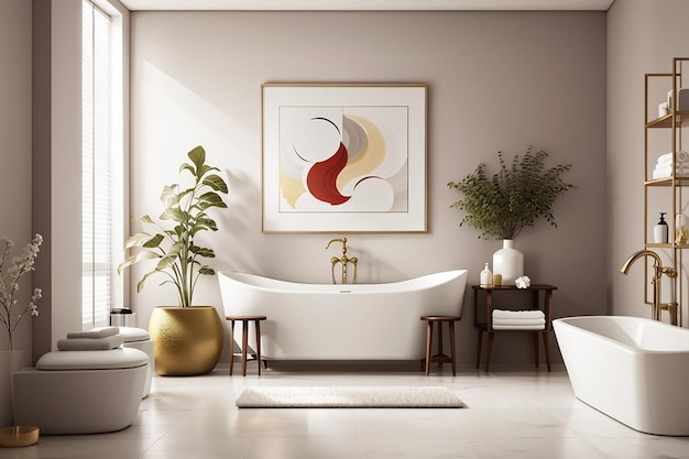 Banheiro elegante com exposição de obras de arte na parede em branco