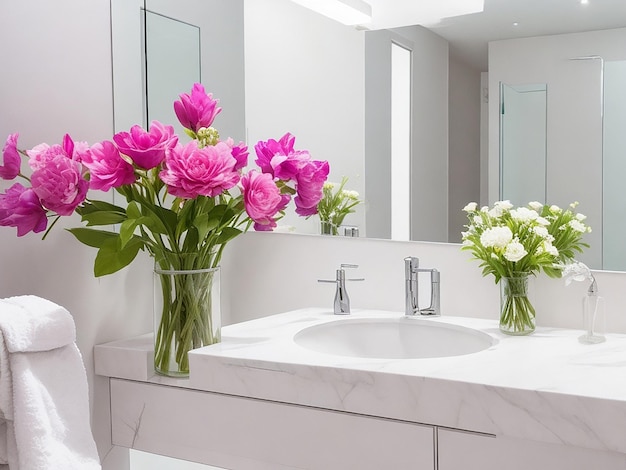 Banheiro em uma casa de luxo moderna Balcão de banheiro com pia e lindas flores