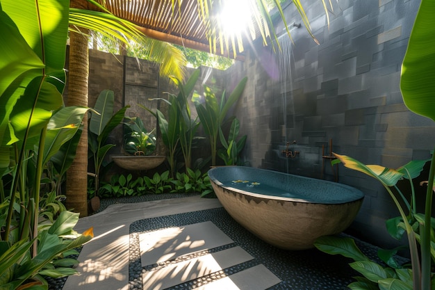 Foto banheiro interior de luxo banheira moderna ao ar livre e plantas exóticas verdes folhas de palmeiras de banana