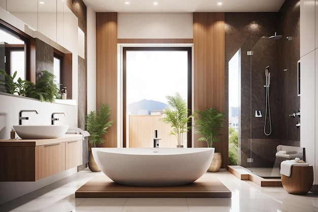 Banheiro luxuoso com vaso sanitário e banheira na casa ou prédio residencial