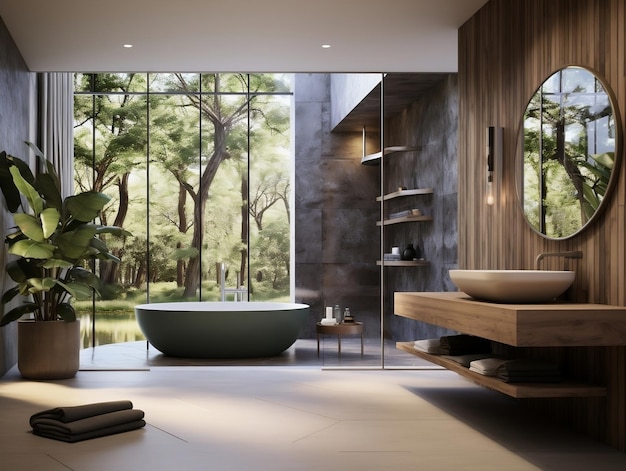 Banheiro moderno com bancada em pedra natural com espelho redondo integrado
