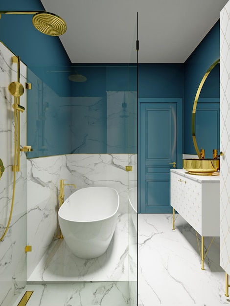 Banheiro moderno com paredes azuis e mármore branco com um grande espelho redondo em acabamento dourado