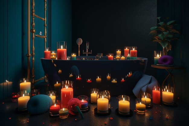 Banheiro moderno com velas e acessórios coloridos em fundo escuro criado com generative ai