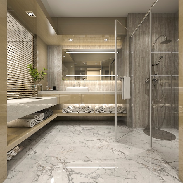Banheiro moderno da rendição 3d com decoração luxuosa da telha