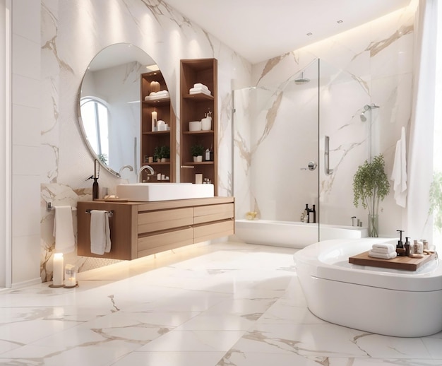 Banheiro moderno de renderização 3D com decoração de azulejos de luxo