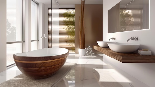 Foto banheiro moderno e espaçoso com lavabos duplos e acabamento de madeira