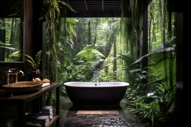 banheiro moderno imerso na floresta