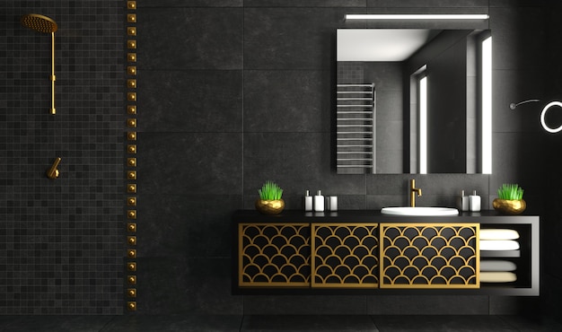 Banheiro moderno interior preto e dourado cômoda