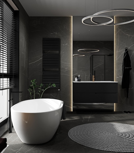 Banheiro preto de luxo elegante com planta de banheira de mármore preto e grandes janelas luz natural