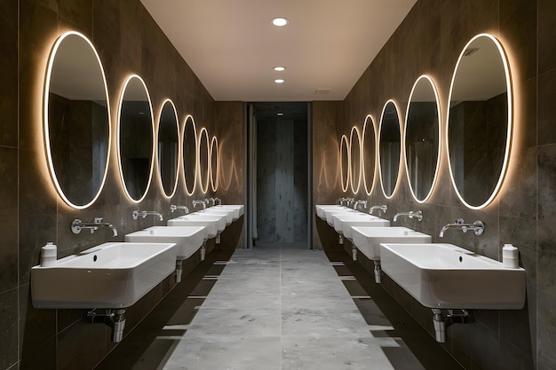 Banheiro público moderno com fila de lavabos de cerâmica branca