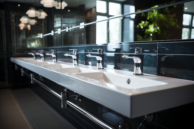 Banheiro público moderno com fila de lavatórios de cerâmica branca e torneira com espelho no banheiro