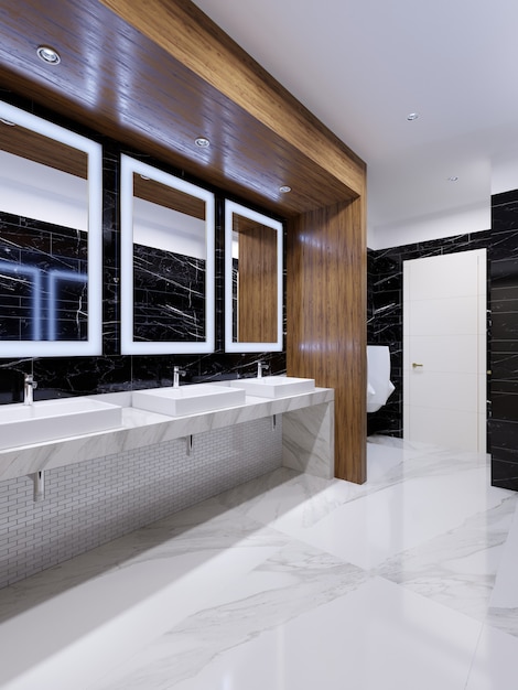 Banheiro público moderno em estilo contemporâneo com nicho de madeira e paredes de mármore preto. Renderização 3d