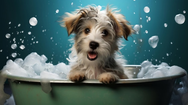 Foto banho de cachorro e felicidade borbulhante para limpeza adorável e alegre mimar pele molhada bolhas brincalhão