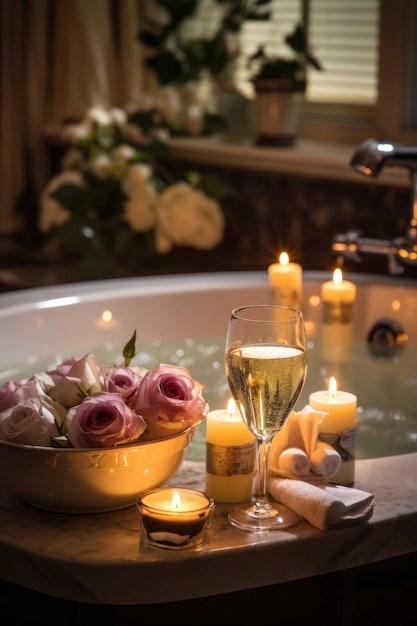 Foto banho de espuma com velas e vinho