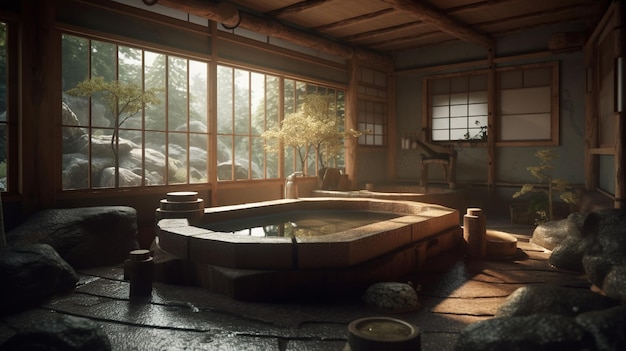 Banho de estilo japonês no jardim renderização em 3D Foco seletivo