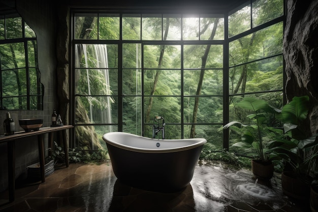 Banho de floresta com vista para uma cachoeira imponente cercada por vegetação criada com IA generativa