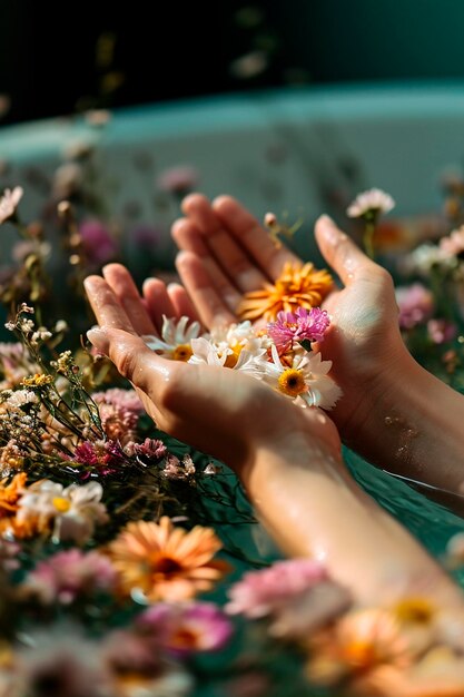 Foto banho de mão de spa com flores foco seletivo