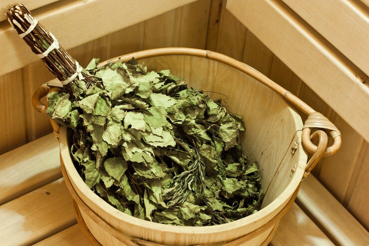 Foto banho de sauna e acessórios para sauna, balde e vassoura