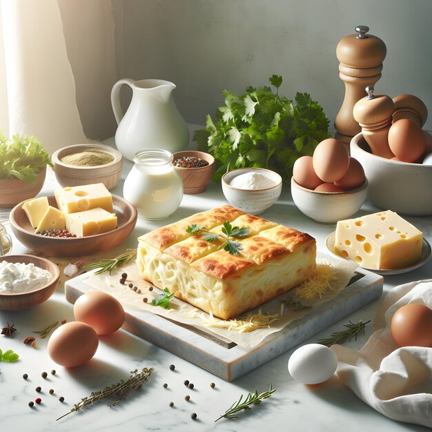 Banitsa con queso y huevos en el mostrador de mármol