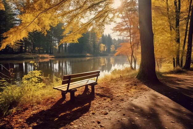 Bank im Herbstwald mit Sonnenlicht AI