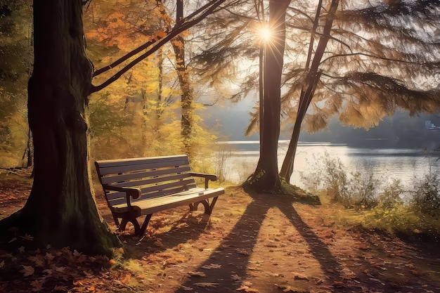 Bank im Herbstwald mit Sonnenlicht