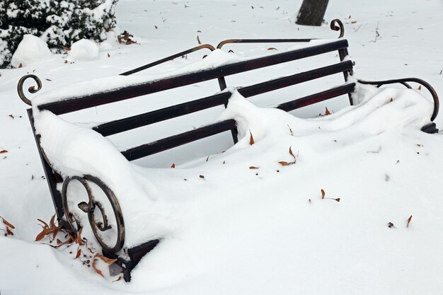 Bank im Park mit Schneefall