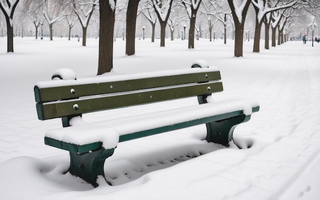 Bank im Stadtpark bei Schnee mit Schnee bedeckt