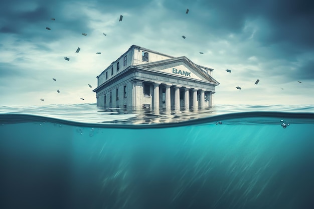 Bankausfall und Bankenkrise Banken ertrinken in Schulden mit finanzieller Instabilität Konzept Generative KI-Illustration