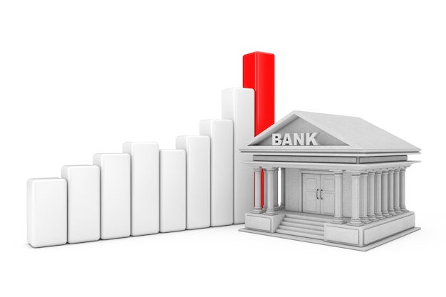 Bankgebäude in der Nähe von Business Success Growth Graph Chart auf weißem Hintergrund 3D-Rendering