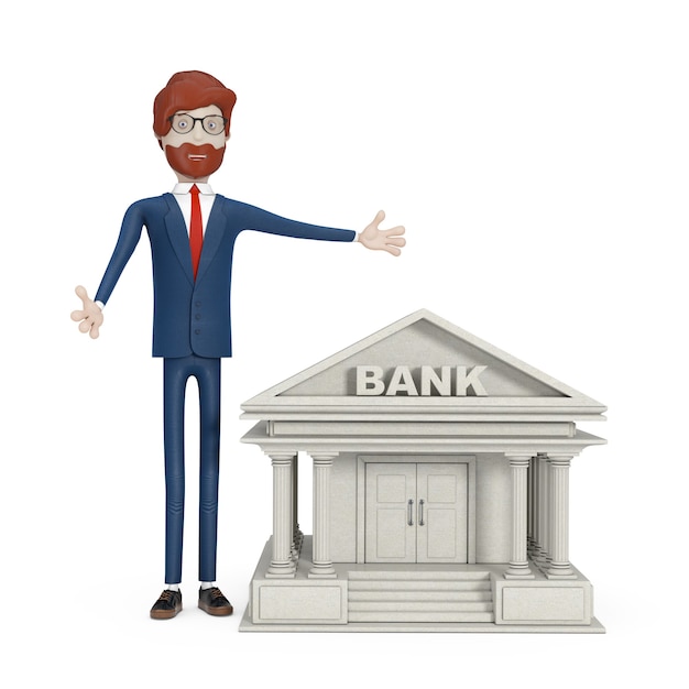 Banking-konzept. cartoon-charakter-geschäftsmann in der nähe von bankgebäude auf weißem hintergrund. 3d-rendering