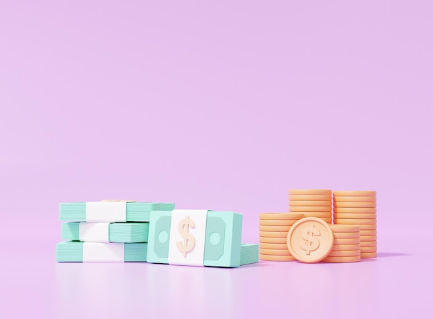 Banknoten und Münzen Dollar stapeln Bargeld auf lila Pastellhintergrund Geld digital Kosteneinsparungskonzept. Minimaler Cartoon-Stil, 3D-Illustration