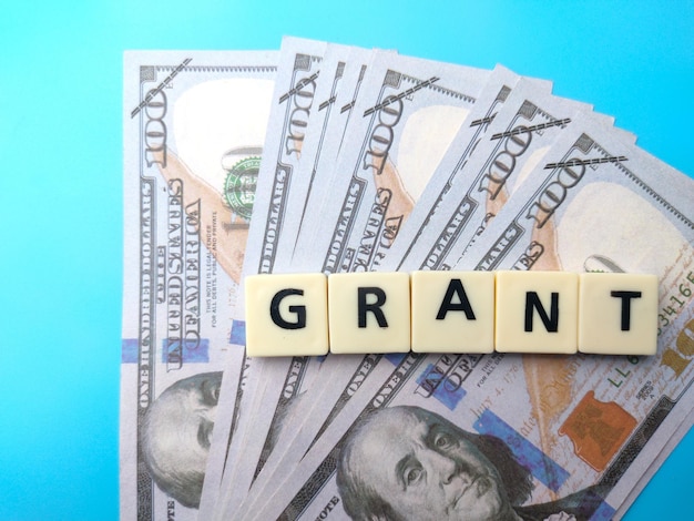 Banknoten und Spielzeugwort mit Wort GRANT auf blauem Hintergrund