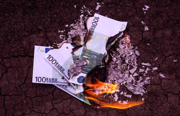 Banknoten verbrennen bei einem Brand im Feuer. Krisenkonzept.