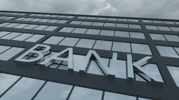 Bankschild auf einem modernen Wolkenkratzer aus Glas Gespiegelter Himmel und Stadt auf moderner Fassade Geschäfts- und Finanzkonzept 3D-Darstellung