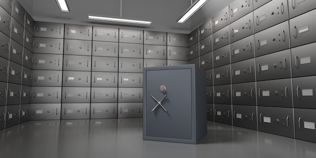 Bankschließfachwand mit geschlossenen Metalltüren und schwarzer Safebox-Perspektivansicht Realistischer leerer Tresorraum für die Aufbewahrung von Wertsachen, Juwelen oder geldsicherer Bankdienst 3D-Rendering