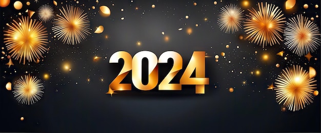 Banner 2024 Año Nuevo Fuegos artificiales dorados abstractos y números degradados dorados sobre fondo oscuro Ilustración generativa