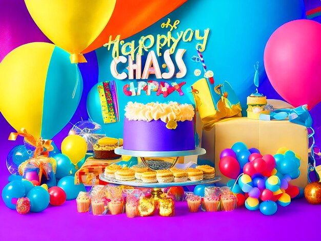 Banner 3D com o texto HAPPY CLASS PARTY em um fundo de imagem de balões de bolo