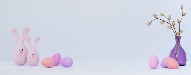 Banner 3D-Darstellung von Ostern Dekor Ostereier Hasen eine Vase mit Zweigen in Pastellfarben Platz für Ihren Text