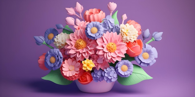 Banner 3D con ilustración de flores arreglo botánico ramo floral festivo en un jarrón colores dulces brillantes Feliz concepto de vacaciones del día de la mujer de San Valentín de las madres Ai generado