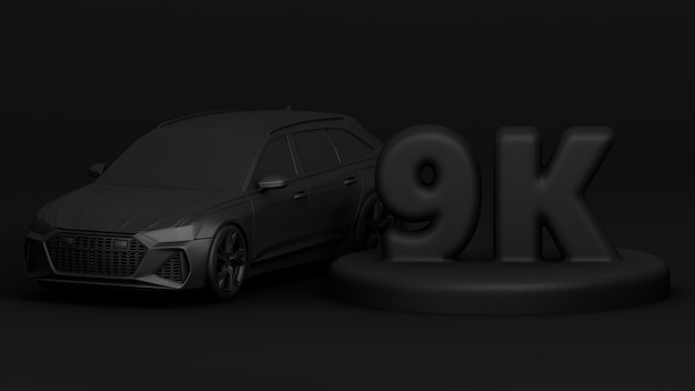 Banner 3D con seguidores de 9K Gracias por suscribirse Escena con renderizado 3d de automóvil negro