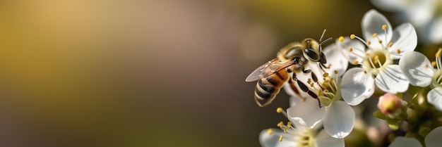 Banner con abeja en flor blanca recolecta polen Ilustración generativa de IA