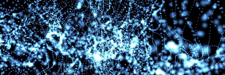 Foto banner abstracto con partículas brillantes azules borrosas