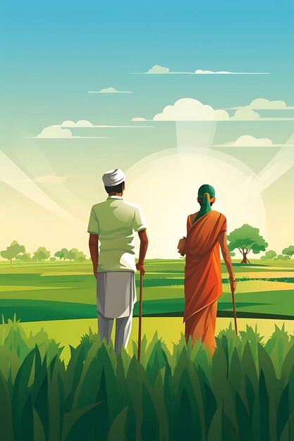Banner de agricultores indios en un campo izando la bandera nacional con un diseño plano de arte 2D creativo