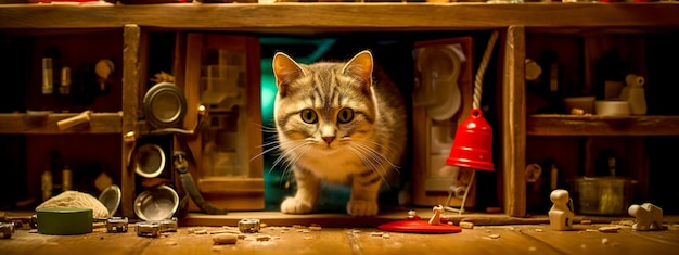 Banner de almacenamiento de alimentos de gato en la despensa del hogar hecho con IA generativa
