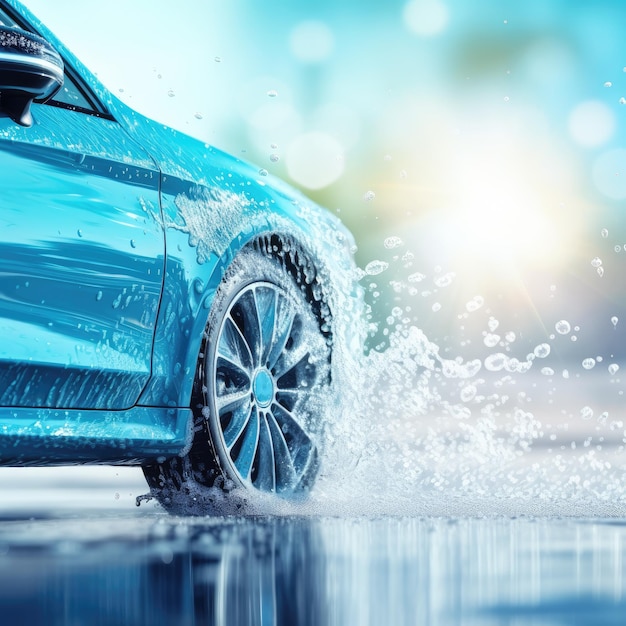 Banner ancho de lavado de autos de color azul claro Nuevo automóvil moderno IA generativa