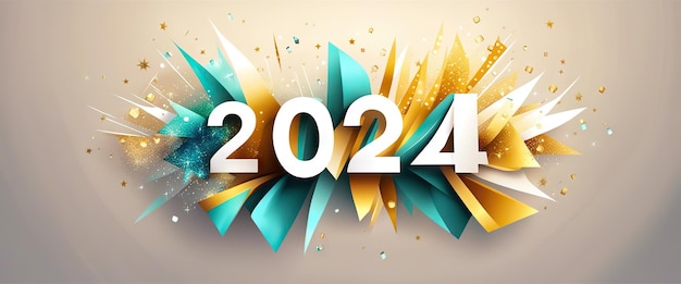 Banner Año nuevo 2024 celebraciones cartel de saludos de oro sobre fondo claro IA generativa